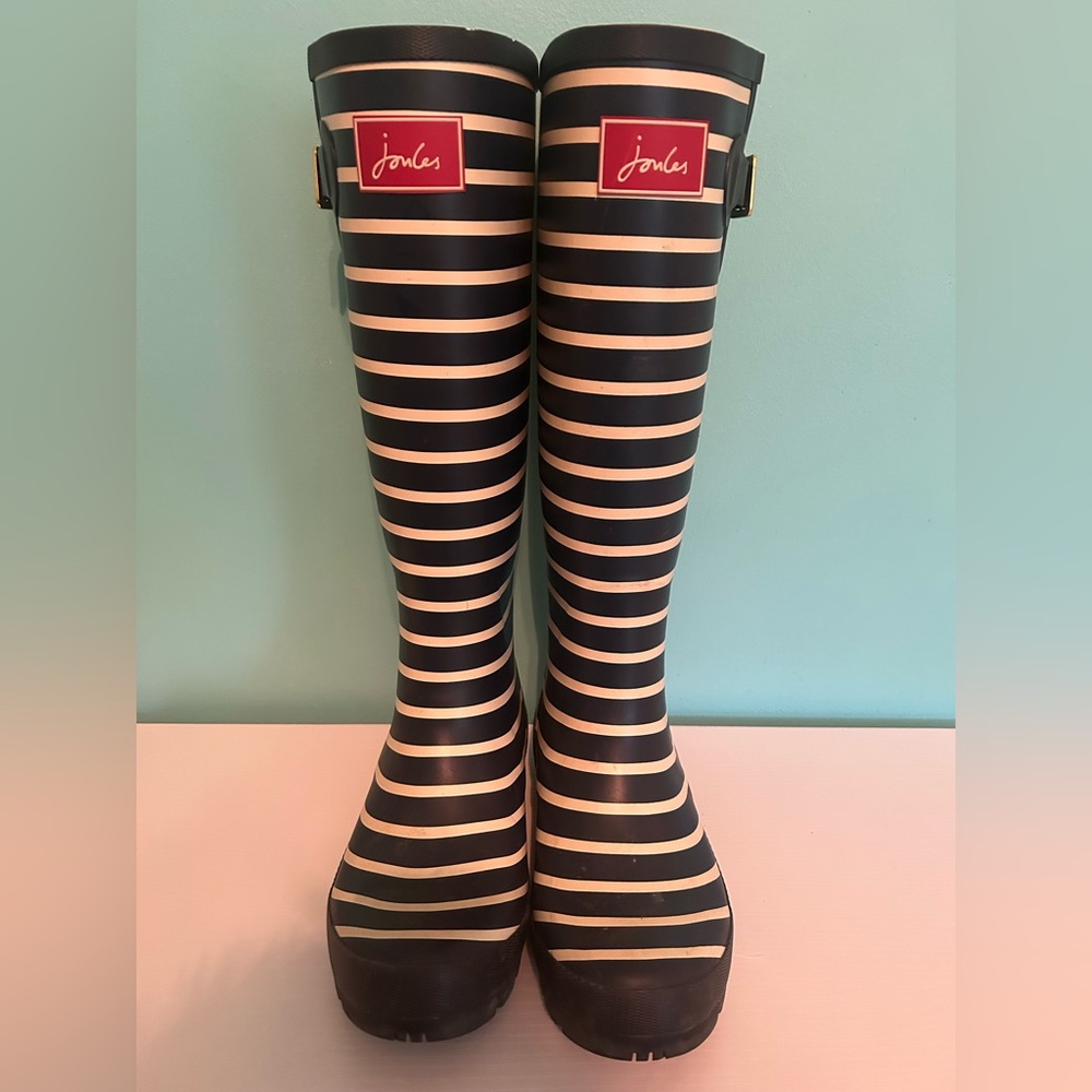 Joules Women’s T-Wellyprint Navy Striped Knee High Rubber Rain Boots- Size 8
